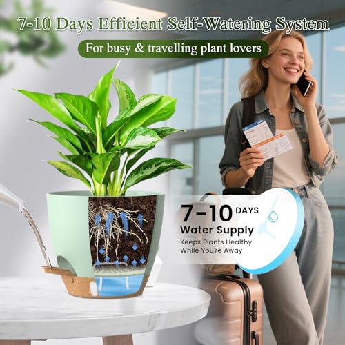 Self Watering Pots with Drainage Holes, 2 Pack 8 Inch Plant Pots with Water Level Indicator Deep Reservoir, Large Plastic Planter for Indoor Outdoor Plants - Green Brown - color: Green Brown, size: 8 Inch 2 Pack