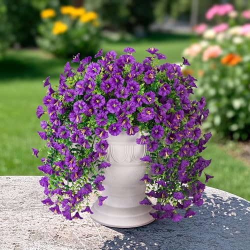 Artificial Faux Hanging Flowers Plants for Outdoor Decor,2 PCS Fake Silk Morning Glory with Eucalyptus UV Resistant Realistic Trailing Vine for Wall Home Porch Patio Balcony Yard Indoor Decor, Purple - color: Purple