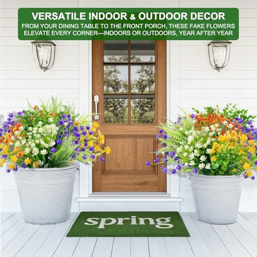 20 Bundles Artificial Flowers for Outdoors,Summer Spring Grass Camellia Fake Flowers Fern Plants Eucalyptus UV Resistant No Fade Greenery for Garden Porch Indoor Home Cemetery Fall Decor(Mix 6 Styles) - color: Mix 6 Styles, size: 20 Bundles