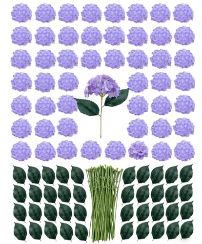 50 Pack Artificial Purple Hydrangea Flowers with Leaves, 6 Inch Silk Flower Heads, DIY Mother's Day Wedding Decor Set with 100 Leaves, 50 Stems - color: Purple