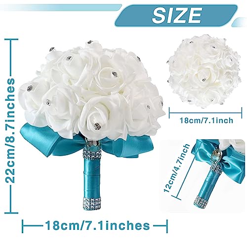 MOJUN Wedding Bouquets Crystal PE Roses Bridal Bridesmaid Wedding Hand Holding Bouquet Artificial Fake Flowers Toss Bouquet, Lake Blue - color: Lake Blue