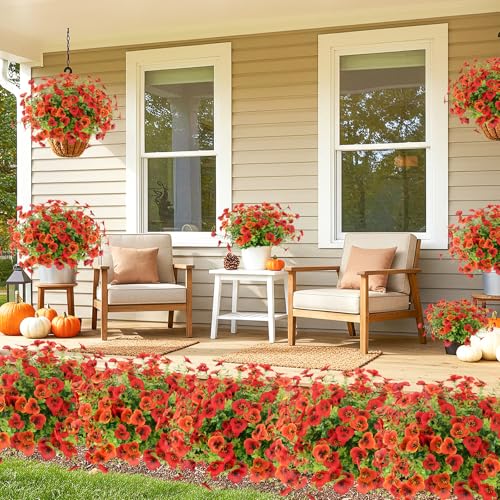 MACTING Fall Artificial Flowers for Outdoors 12 Bundles Fake Pansies UV Resistant Outdoor Faux Plants Plastic Greenery Shrubs for Planters Garden Patio Porch Balcony Outside Autumn Thanksgiving Decor - color: Orange&red, size: 12 PCS