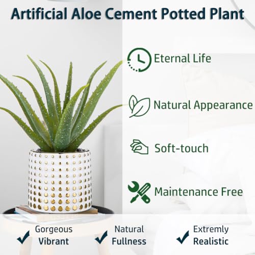 GnFlus Artificial Succulent Aloe Plants 14.2 Inch Large Faux Succulents with Ceramic Pot Fake Aloe Potted Plant for Home Indoor Bathroom Table Bedroom Shelf Office Decor - color: Gold-15"