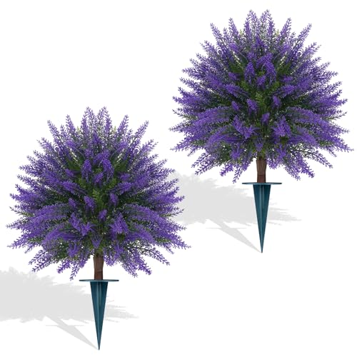 Artificial Lavender Topiary Bushes with Ground Spike, 24" Set of 2 Faux Lavender Boxwood Ball Trees UV Resistant Fake Greenery Plants for Indoor & Outdoor Spring Porch Decor - color: Lavender