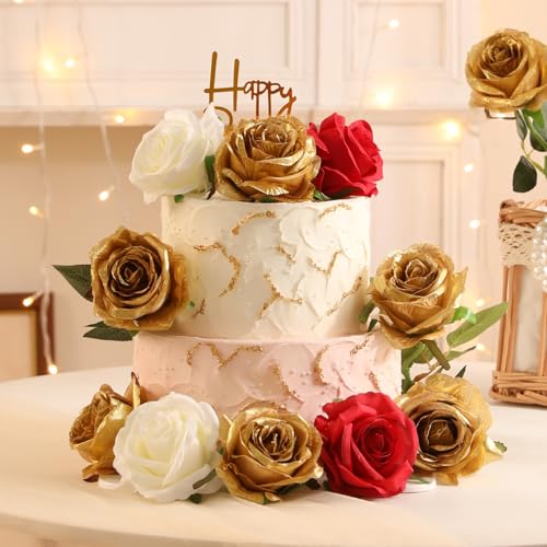 Veryhome 10 Pcs Artificial Gold Flowers Silk Roses Real Touch Bridal Wedding Bouquet Gold Rose for Christmas Home Garden Party Floral Decor - color: Blooming Rose - Gold