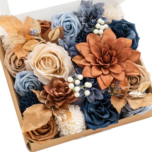 Ling's moment Fake Flowers Box, Faux Artificial Greenery Stems Foam Roses Gardenia Silk Dahlia Fabic Flower for Centerpieces Bouquet Wedding Vase Decorations, Burnt Orange & Navy, Grand Combo - color: Or-burnt Orange & Navy, size: Grand