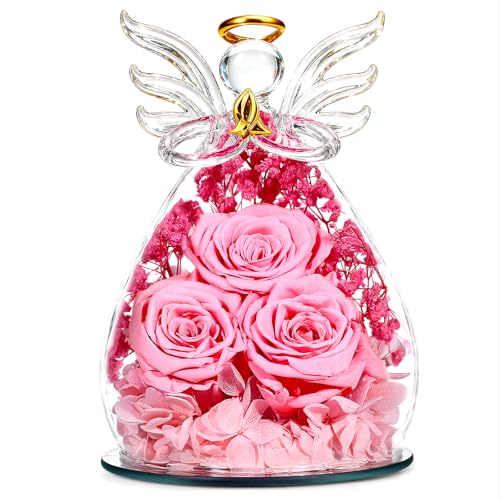 Beferr Gifts for Mom Birthday Gifts for Women, Fresh Flowers for Delivery Forever Preserved Rose in Glass Angel Figurine, Anniversary Christian Real Rose for Grandma Wife Mother from Daughter Son - color: B Light Pink