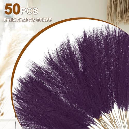 uxcell 50 Pcs Faux Pampas Grass 52cm/20.5" Artificial Fake Dried Pampas Grass Decor with Stem for Floor Vase Filler, Wedding Decoration, Home Decoration, Dark Purple - color: Dark Purple