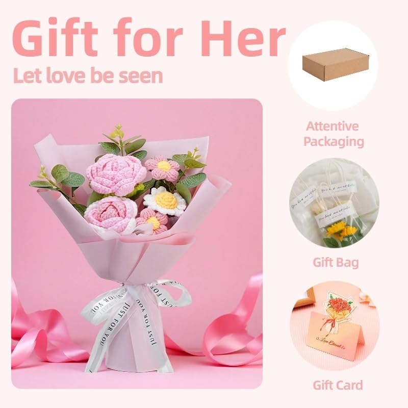 Crochet Flowers Bouquet,Pink Rose Crocheted Flower Bouquet,Knitted Artificial Flowers Bouquet Get Well Gifts for Women Girlfriend Family Coworker Mother's Day Christmas Birthday Wedding Gift - color: Pink
