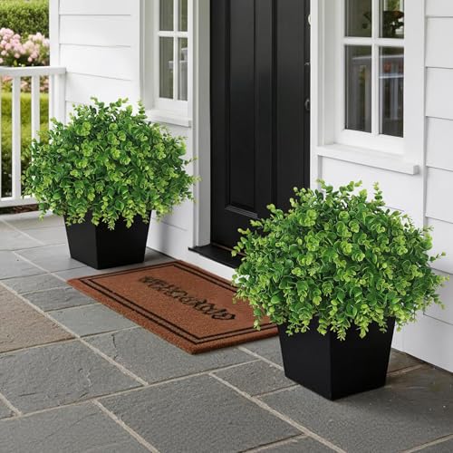 2 Set Soft Textured Artificial Eucalyptus Topiary Trees for Outdoor Decor - 16" Faux Eucalyptus Potted Plant, Fake Greenery Shrubs in Black Pot for Front Door Porch Farmhouse Shower Home Decor