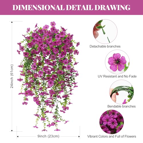 Artificial Fake Hanging Flowers Plants Spring Summer Decoration for Outdoor, 4PCS Faux Silk Daisy Flowers with Eucalyptus Leaves UV Resistant Realistic Planter Porch Patio Balcony Yard Decor (Purple) - color: Purple