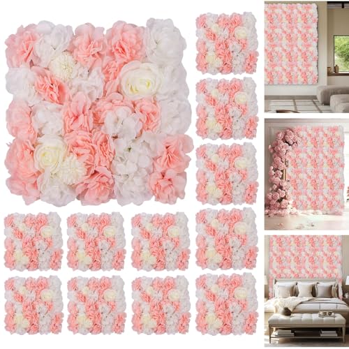 12-Pack Flower Wall Panels, 15x15 Inch Artificial Silk Rose Backdrop 3D Silk Hydrangea Rose Floral Panel for Photo Background Home Party Wedding Backdrop Decoration - color: Pink