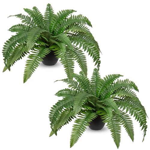 Hollyone 2Pcs Artificial Ferns in Pot for Outdoors Indoor 20inch Fake Ferns 35 Leaves Faux Boston Ferns Potted Plant Fern Bush Plant for Patio Garden Farmhouse Windowsill Office Living Room Home Decor - size: Large - 2Pcs