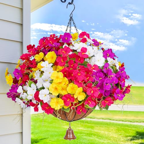 Dolicer Look Real Artificial Hanging Flowers for Outdoors, Realistic Artificial Flowers for Outdoors Basket UV Resistant Fake Hanging Flowers Plants for Porch Patio Balcony Garden - color: Yellow+fuchsia+purple+white, size: 1PACK