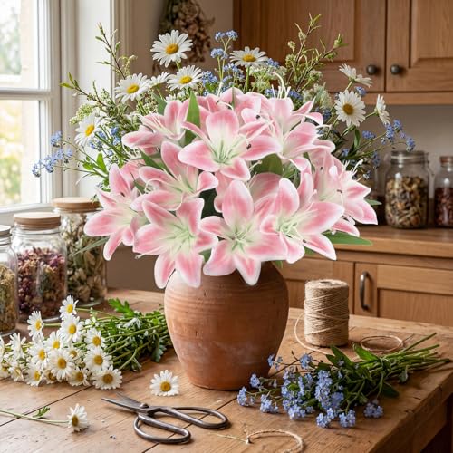 4 Bundles Pink Lily Artificial Flowers 20Heads Fake Lilies with Stems 12.2" Faux Silk Flowers for Wedding Mother's Da Baby Shower Party Easter Home Table Centerpieces Floral Arrangements (Pink) - color: Pink