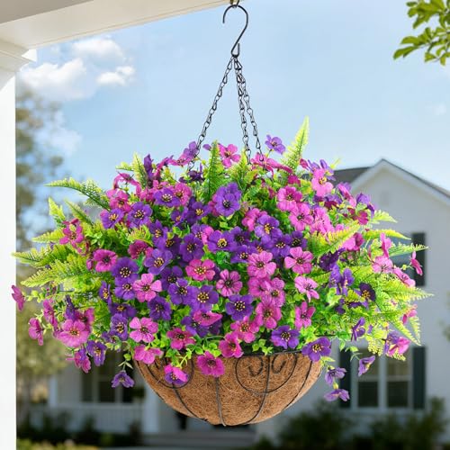 Artificial Flowers Hanging Baskets, Multicolor 12 Bundles Faux Flower with Ferns Outdoor Hanging Basket Spring Summer Decoration, Fake Flowers Plants for Porch Patio Balcony Home Yard Decor - color: Double Purple With Ferns