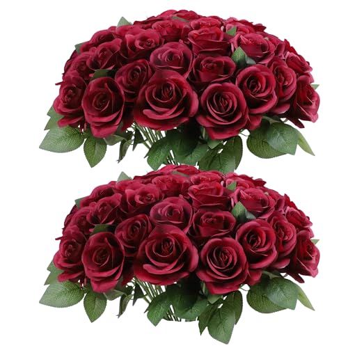 52pcs Burgundy Roses Artificial Flowers Fake Flowers Silk Roses with Stems for DIY Wedding Bouquets Bridal Shower Centerpieces Arrangements Party Decorations - color: Burgundy