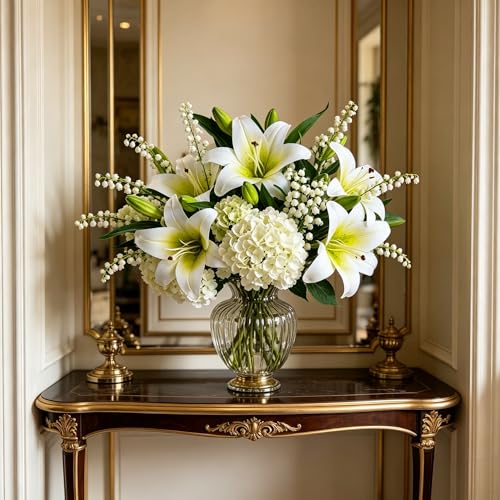 Kimura's Cabin 6Pcs White Tiger Lily Artificial Flowers Real Touch Fake Lilies with Stems Faux Lilys Plants for Spring Floral Wedding Arrangements Bouquet Easter Home Table Centerpiece Decor - color: Green Heart White