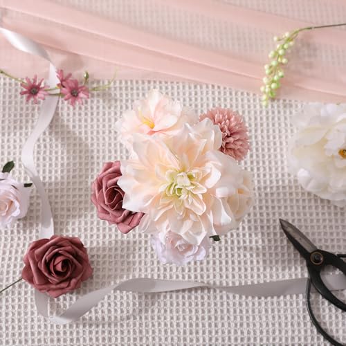 Garisey Artificial Flowers Combo, Mix Silk Flowers Roses, Peonies, Dahlias with Stems for DIY Wedding Bridal Bouquets, Baby Shower, Table Centerpieces, Home Decor, Fake Floral Arrangements-Blush Pink - color: Blush Pink&champagne Powder