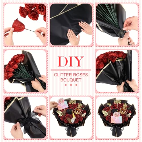 48 Pcs Red Glitter Rose Bouquet DIY Kit, Graduation Gifts for Her Class of 2026, Sparkly Artificial Flowers with Crown 3D Butterflies and Cards, Class of 2026 Senior Graduation Bouquet