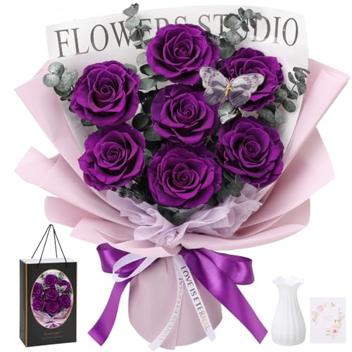 Casaido Preserved Flowers for Delivery, 7 Purple Roses Bouquet, Mothers Day Rose Gifts for Women, Valentines Rose Gifts for Mom Wife Girlfriend, Forever Real Flowers for Christmas Birthday Anniversary - color: Purple Rose