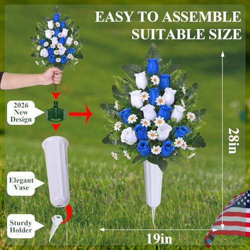 Dolicer 2 Sets Artificial Cemetery Flowers for Grave, Realistic Grave Flowers Memorial Flower UV Resistant Silk Rose Flower with Vase for Cemetery Decorations (Blue, White) - color: Blue, White, size: Flowers in Vase