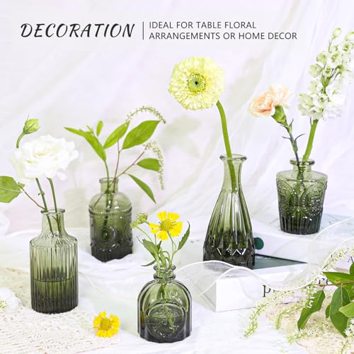 SUPMIND Glass Bud Vase Set of 5, Green Small Flower Vases for Centerpieces in Bulk, Mini Vintage Vase for Rustic Wedding, Home,Table Decoration - color: Green, size: 5Pcs