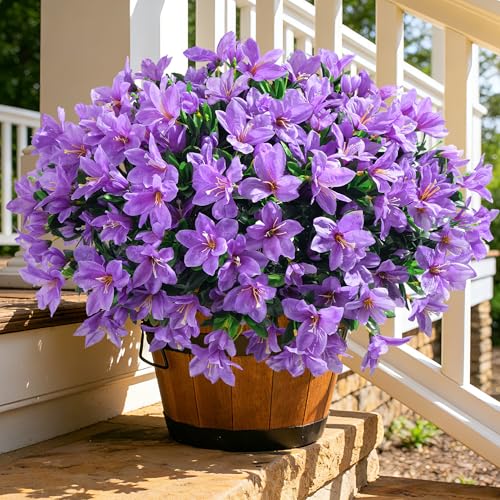 INSPRING Artificial Flowers for Outdoors Spring Summer Decorations, 3 Bundles Fake Azalea Flower Faux Outdoor Plants UV Resistant Realistic Silk Flowers for Outside Planter Patio Garden Walkways Home - color: Purple
