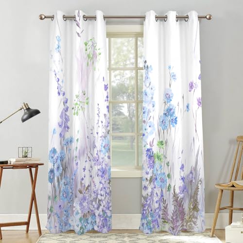 Renaiss Purples Blue Floral Print Blackout Curtains, Pastel Wild Flowers Thermal Insulated Bedroom Window Curtains, Spring Floral Art Window Curtains for Kitchen, 45" L x 29" W 2 Panel Set - color: Light Purple, size: 29"W x 45"L (Pack of 2)