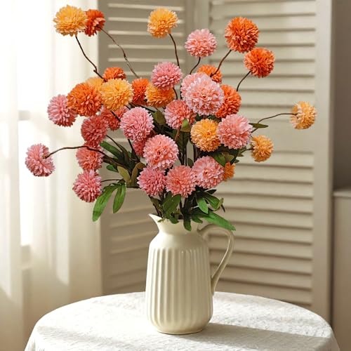 Kinisty 8 Pcs Artificial Flowers Pink Orange Yellow Faux Silk Pompon Mums, 20" Long Stem Fake Chrysanthemum Bouquet for Vase Farmhouse Home Decor, Wedding Centerpiece - color: Pink and Orange