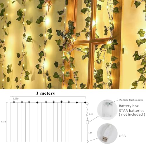 RECUTMS 118 Inches Plant Garland Hanging Vines with Lights LED Strings Artificial Ivy Fake Greenery Leaf Plants Faux Silk Green Leaves Plastic Flower for Party Room Patio Wall Bedroom Outdoor Decor - color: Green Light1