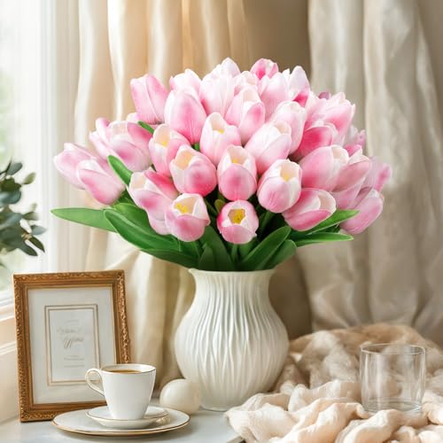 U'Artlines 30Pcs Fake Tulips Artificial Flowers with Stems Faux Tulips Bouquet Real Touch Flower for Wedding Home Kitchen Spring Easter Mother's Day Floral Arrangement Decor (Light Pink) - color: Light Pink