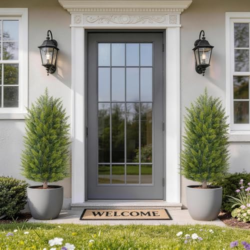 DREAMLOOM Artificial Topiary for Outdoors 3ft Artificial Cedar Trees 2 Set Fake Pine Tree with Spike Faux Shrubs Bushes Outside Front Porch Planter Garden Decor Entryway Home