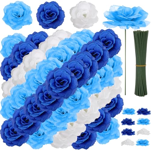 LELEE 108pcs Roses Head Flowers with Stem, Gradient Blue White Artificial Flowers Rose Bulk, Silk Rose Fake Flower for Wedding Bouquet Balls Arrangement Shower Centerpieces Grad Party Tables Decor - color: Gradient Blue&white