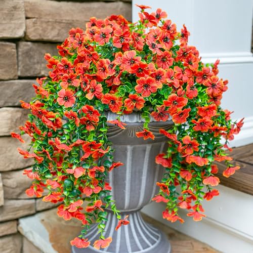 HyeFlora Artificial Fall Flowers for Outdoors Fake Hanging Decoration, 2Pcs Orange Daisy with Autumn Leaves, Realistic Plants Decor, UV & Fading Resistant Silk Flower for Porch Patio Balcony - color: Orange