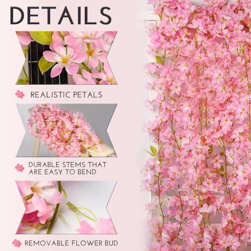 YRIOWMI 10PCS 59FT Artificial Silk Cherry Blossom Garland, Hanging Sakura Flower Vines for Wedding Party Home Arch Office Sakura Decor (Pink) - color: Pink