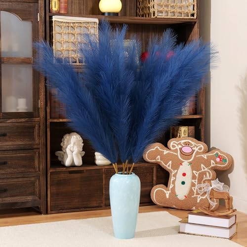 Premium Faux Dark Blue Pampas Grass – 43.3" Tall Fluffy Decor, 8pcs 18-Branch One-Piece Stems No Assembly, Luxury Silk-Feel Feather Flowers for Nautical Coastal Modern Home Decor Blue, 8 Stems/110cm - color: Faux Dark Blue, size: 8pcs 43.3"(110cm)