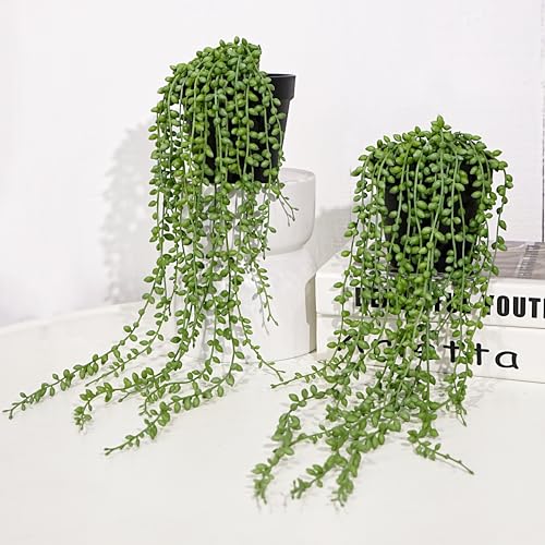 Jahe 2 Pcs String of Pearls Artificial Plants Indoor, Beaded Plant Succulents Plants Artificial, Fake Vines in Black Pots,Trailing Faux Plant for Living Room Bathroom Accessories Farmhouse Wall Decor