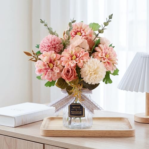 CEWOR Fake Flowers in Vase, Artificial Flowers with Vase Faux Silk Floral Arrangement Table Centerpieces Decor for Home Office Dining Farmhouse Coffee Table Living Room Bathroom Plant Decor (Pink) - color: Pink