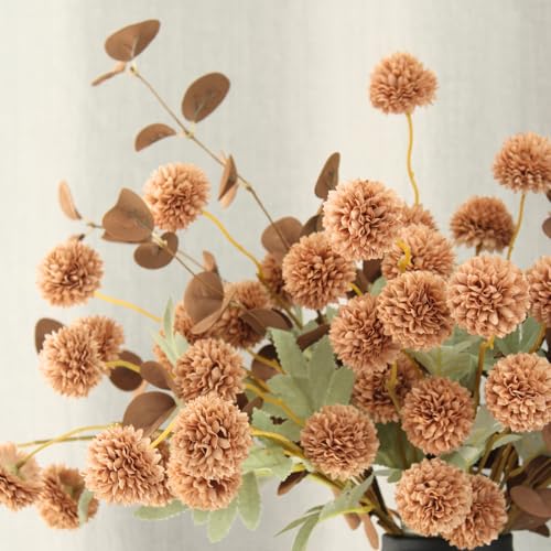 RyddeligHome Brown Mums Artificial Flowers, 10 Faux Mum Stems with 2 Eucalyptus Branches, Realistic Fall & Winter Floral Arrangement for Vases, Brown Centerpieces for Tables - color: Brown