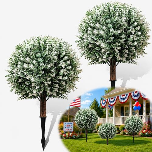 THKFUL 2PCS Artificial Boxwood Topiary Ball Tree, 24" Artificial Plants Outdoor with Spike, UV Resistant Eucalyptus Gazing Balls Fake Bushes Shrubs with Spike for 4th of July Garden Patio Office Home - style: White Boxwood