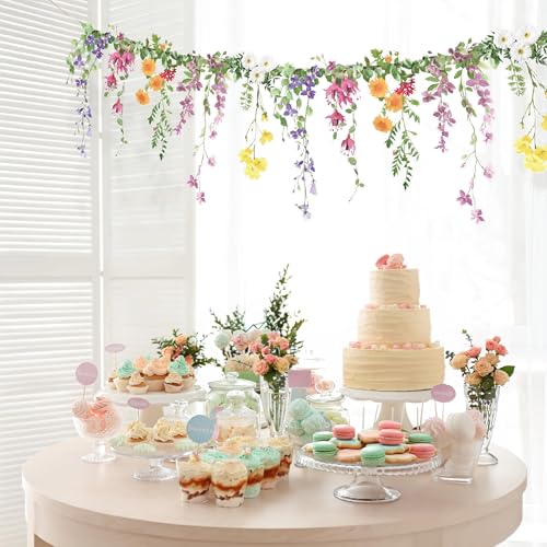 Cheerland Flower Banner Wildflower Garland Floral Party Decorations Whimsical Decor for Enchanted Garden Floral Woodland Theme Picnic Girls Birthday Tea Party Garden Wedding Onederland Baby Shower