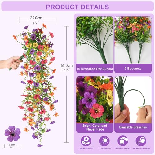 Artificial Hanging Flowers for Outdoors, 2 Pcs Fake Hanging Plants Spring Summer Decor, UV Resistant Faux Silk Daisy Flower for Front Door Porch Planter Patio Yard Garden(Purple Rose Orange Yellow) - color: Purple, Rose, Orange, Yellow