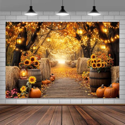 Fall Photo Backdrop, Autumn Forest Scenery Maple Leaves Pumpkins Sunflowers Photography Background, Fall Farm Harvest Thanksgiving Day Friendsgiving Party Decorations Photo Booth 5X3FT - color: Orange, size: 5X3FT