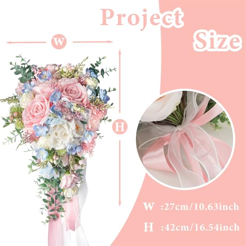 Large Pink Rose Bouquets for Bride Spring Summer Wedding Creamy Blue Blush Pink White Cascading Bridal Bouquet Artificial Silk Flower Boho Rustic Ceremony Anniversary Decor Toss Bouquet - color: Light Pink Blue