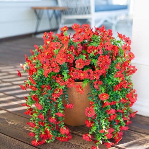 HyeFlora Artificial Hanging Flowers for Outdoors Decoration, 2Pcs Red Fake Spring Summer Decor, Realistic Plants, UV & Fading Resistant Flower for Porch Patio Balcony Planter Yard Home Garland - color: Red