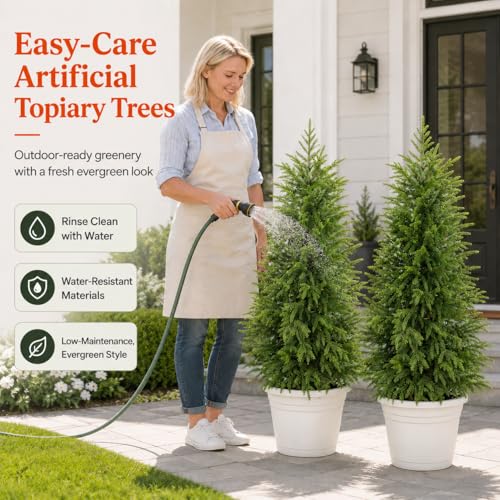 4FT Lighted Artificial Topiary Trees Outdoor Set of 2, Norfolk Pine Trees with Warm White Lights, Potted Faux Evergreen Trees for Front Porch, Entryway, Patio, Christmas Indoor Outdoor Decor