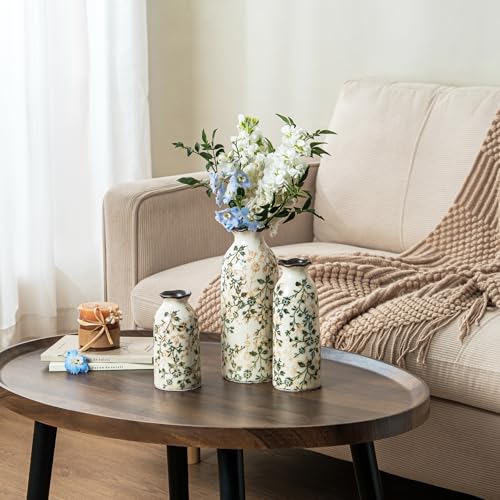 Ceramic Flower Vases Set of 3 | Green Rustic Farmhouse Vase Set for Home Decor, Vintage Floral Decorative Vase for Living Room & Kitchen, Mantel & Bookshelf, Centerpieces, Entryway(5.9+7.9+9.9Inch) - color: 05-green and Beige-set of 3