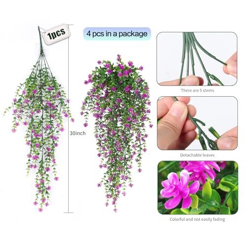 SJL Faux Hanging Plant 4 Pack Hanging Vines Plants Indoor Realistic Artificial Fake Small Hang Plant Leaves Faux Outdoor Plants Plastic Flowers Stem Decor for Wall Room Party (Fuchsia) - color: Fuchsia