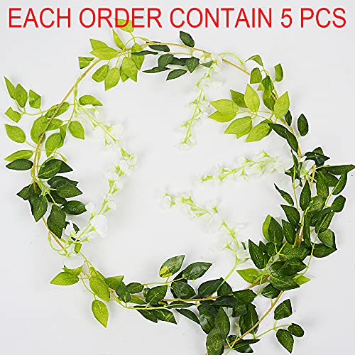 Wisteria Garland 5pack 33Ft Artificial Fake Wisteria Vine Hanging Flowers Fake Vines Plants - color: Milky White